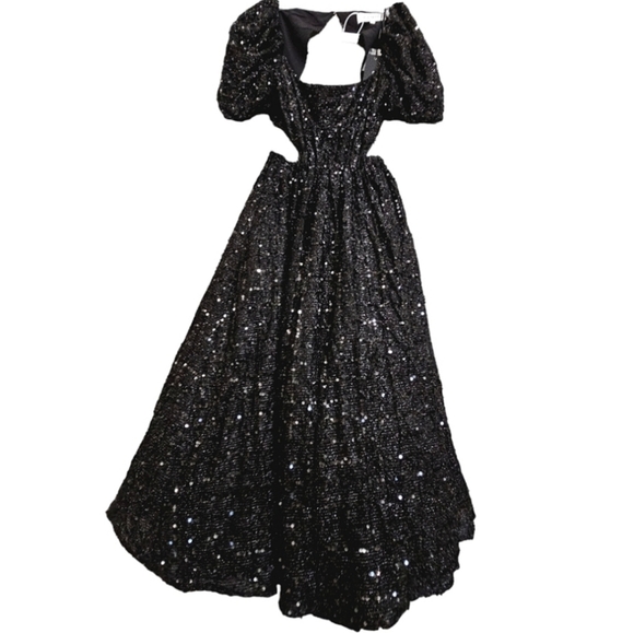 Elliatt Aubree Black Sequined Square Neck Knit Puffed Sleeve Cut Out Midi Dress - Picture 17 of 17